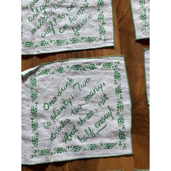 Vintage Irish Linen Cocktail Napkins With Green Wine & Whiskey Quotes Set Of 7 - Picture 4 of 11